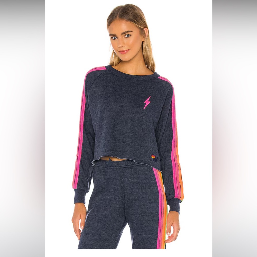 Aviator Nation Navy Sweatshirt with Pink and Orange Stripes